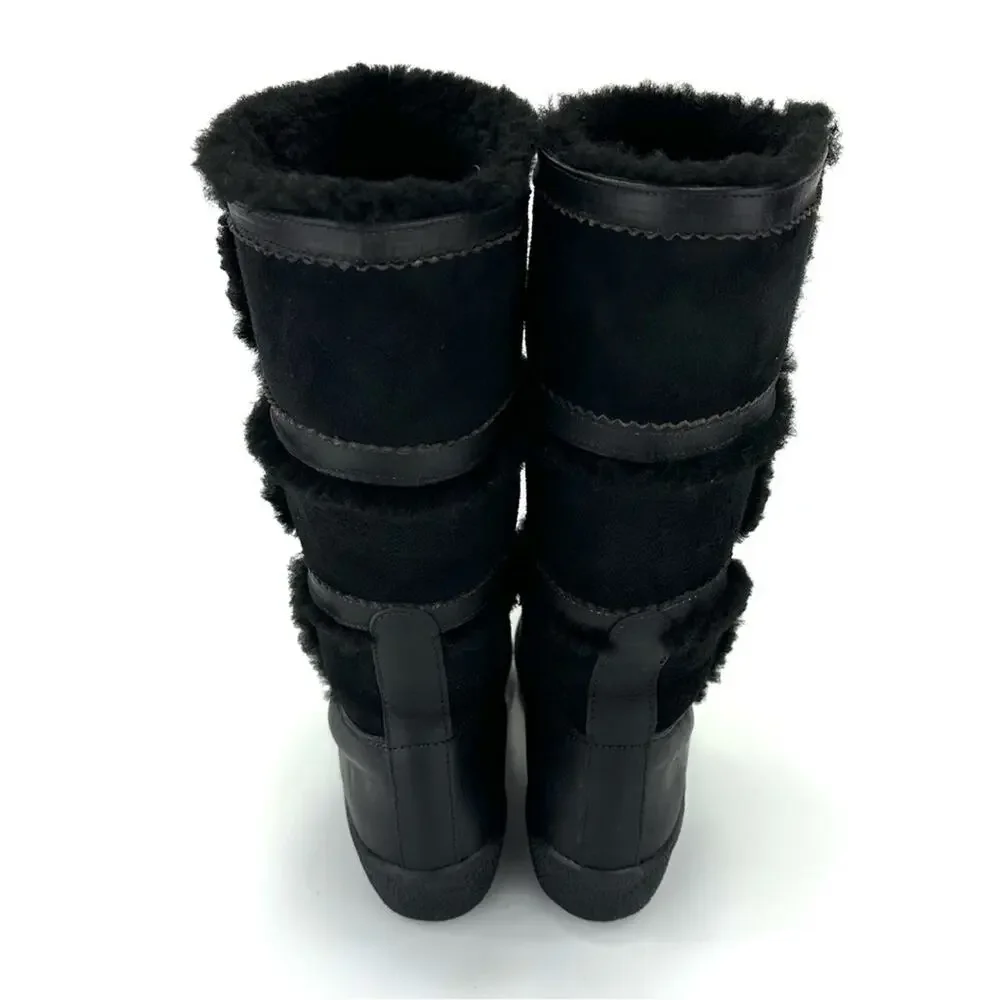 Dival Italy Elisa Black Winter Boot Sz 8 Leather Wool Lining Low Wedge Mid-Calf